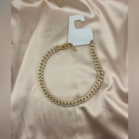 Gold-Tone Cuban Link Chain Necklace with Rhinestones - Picture 7 of 10